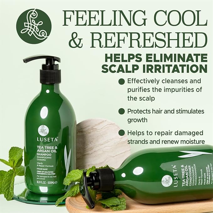 Luseta Tea Tree Oil Shampoo and Conditioner Set for Flaky, Dry Scalp - Cooling Peppermint & Lavender, Refreshes Scalp & Removes Buildup, Sulfate-Free, 2 x 16.9 oz