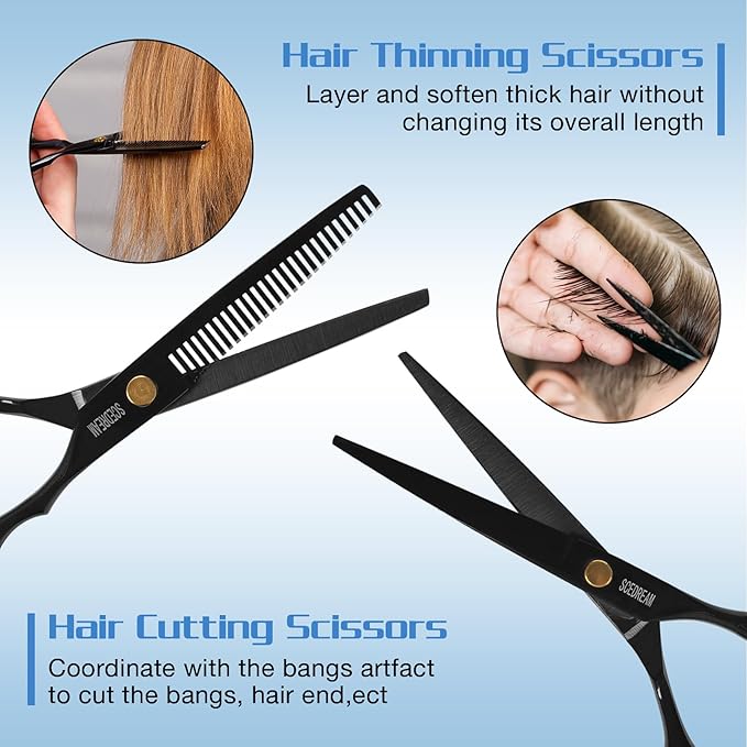 SCEDREAM 11-Piece Hair Cutting Scissors Kit - Professional Set with Thinning Scissors, Comb, Cape, Clips, Brush, Leather Bag for Barber, Salon, Home