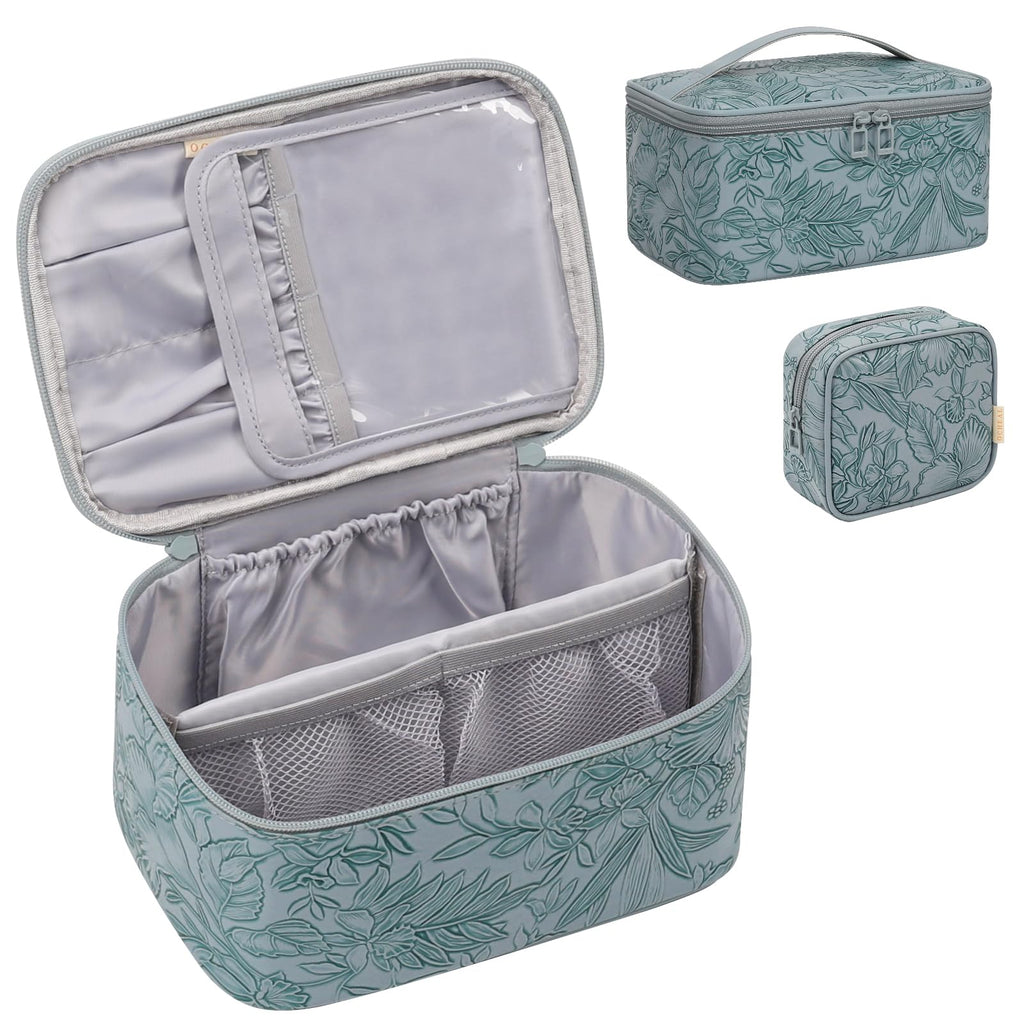 OCHEAL Makeup Bag Set, Portable Travel Makeup Bags Cosmetic Organizer Bag for Women Cute Floral Cosmetic Pouch Large Capacity Make up Bag PU Leather Toiletry Bags with Divider and Handle-Blue