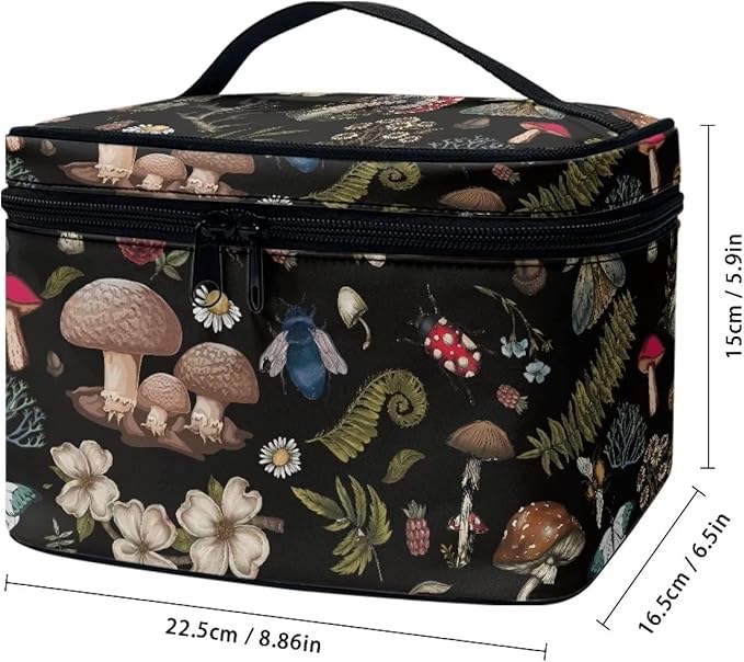 Drydeepin Dark Cottagecore Forest Mystical Moss Mushroom Print Makeup Travel Bag Portable Cosmetic Bags with Handle Travel Accessories Large Toiletry Bags for Traveling Women Organizer and Storage