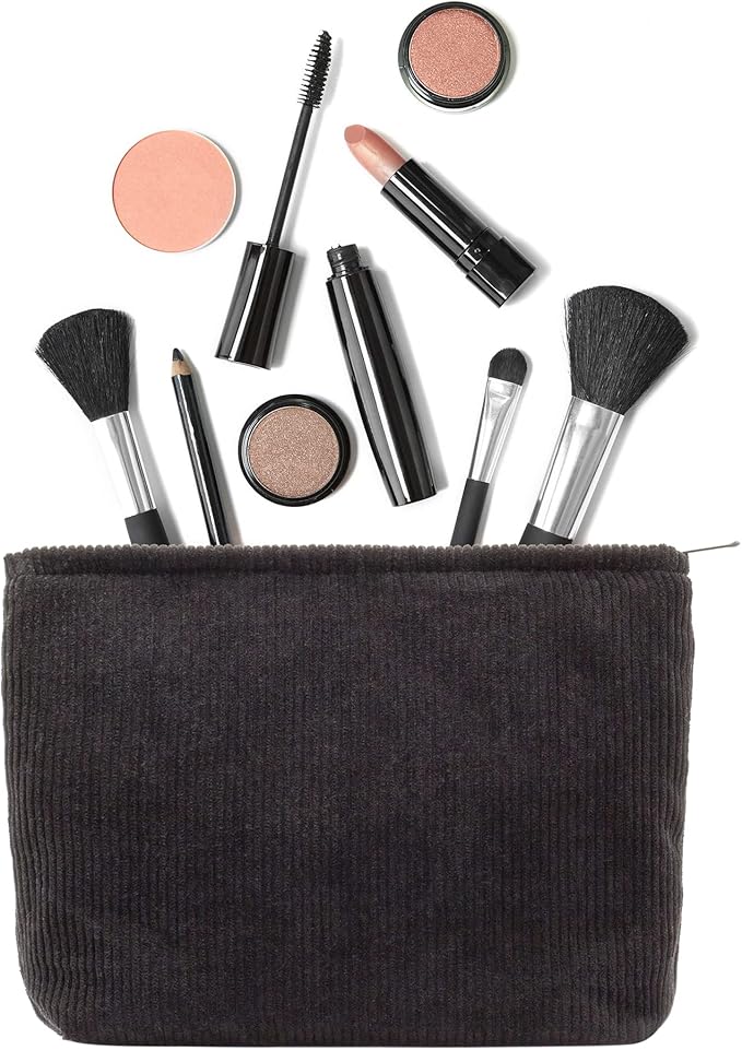 Flat Makeup Bag for Women,Zipper Cosmetic Pouch for Purse,Corduroy Black
