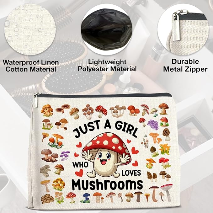 UPNEGE Mushroom Gifts Makeup Bag Mushroom Gifts for Women Teen Girls Sister Friend, Mushroom Lovers Gifts, Just a Girl Who Loves Mushrooms Zipper Makeup Pouch