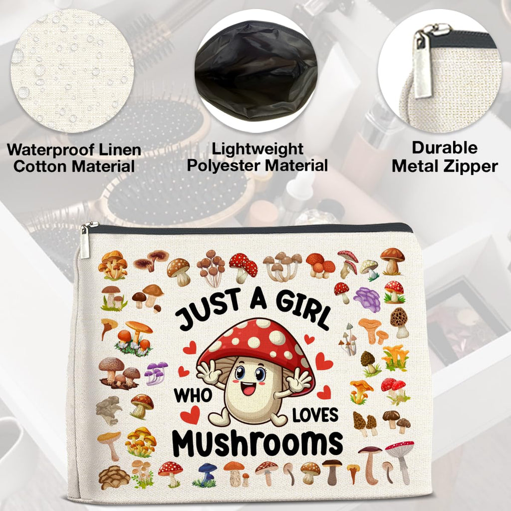 UPNEGE Mushroom Gifts Makeup Bag Mushroom Gifts for Women Teen Girls Sister Friend, Mushroom Lovers Gifts, Just a Girl Who Loves Mushrooms Zipper Makeup Pouch