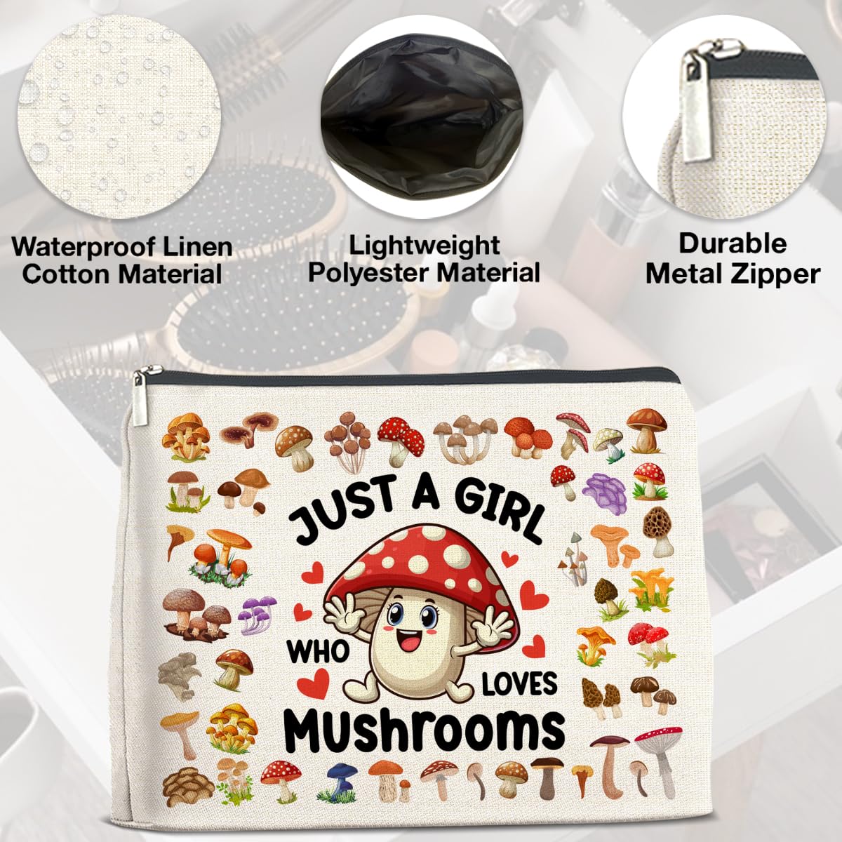 UPNEGE Mushroom Gifts Makeup Bag Mushroom Gifts for Women Teen Girls Sister Friend, Mushroom Lovers Gifts, Just a Girl Who Loves Mushrooms Zipper Makeup Pouch