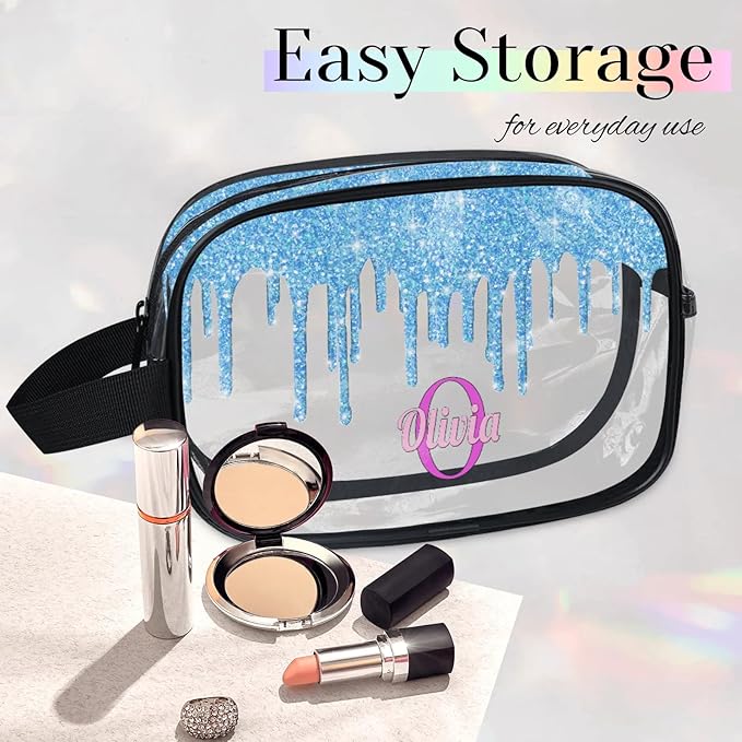 KFNHN Custom Makeup Toiletry Bag, Personalized Clear Travel PVC Cosmetic Organizer Case Portable Bag with Zipper, Light Sky Blue Fluid Shape Sparkly Glittery