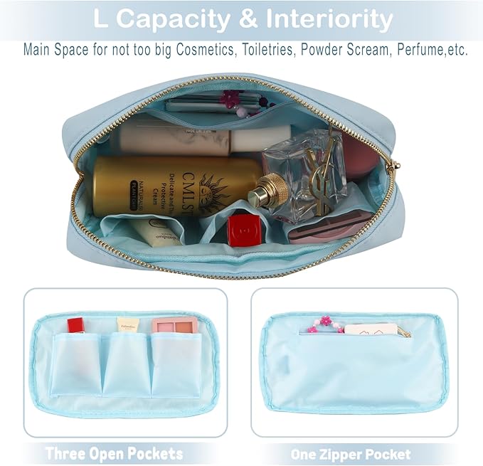 YogoRun Preppy Stuff Makeup Bag Travel Toiletry Bag for Women Water-resistant Nylon Zipper Cosmetic Pouch with Four Pockets L, Light Blue