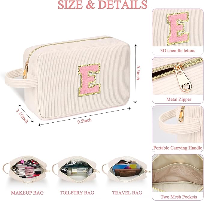 Sernaxi Personalized Initial Makeup Bag Trendy Stuff Corduroy Cosmetic Bag Travel Toiletry Bag, Valentine’s Day Gift Makeup Organizer Case & Makeup Pouch for Women Teen Girls Mom Girlfriend Wife