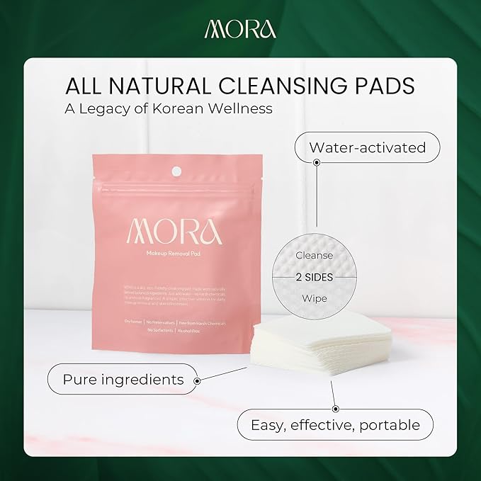 MORA Makeup Remover Pads, Water Activated Dry Dual-Sided Cleansing Pads for Face, Eyes and Lips, Reusable, 100% Vegan, Alcohol Free, Fragrance Free, Travel Friendly Korean Skincare, 30 Count