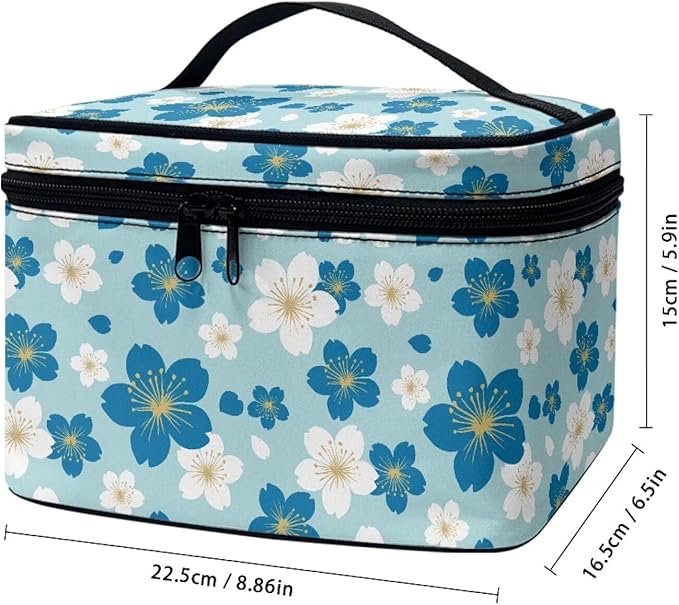 Drydeepin Blue White Cherry Blossom Pattern Travel Makeup Bags for Women Portable Tote Cosmetic Case with Carry Handle Daisy Floral Toiletry Accessories Storage Organizer Bags