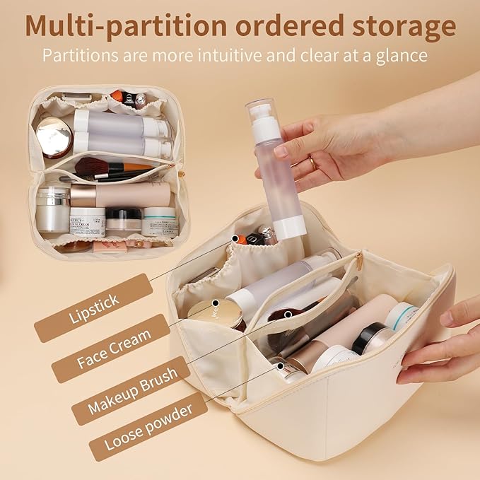 zaleeta 3 Pcs Travel Makeup Bag Portable Large Capacity Cosmetic Bags for Women Open Flat Makeup Case Organizer Bag Set of 3 Waterproof PU Leather Toiletry Bags with Divider and Handle (White, Medium)
