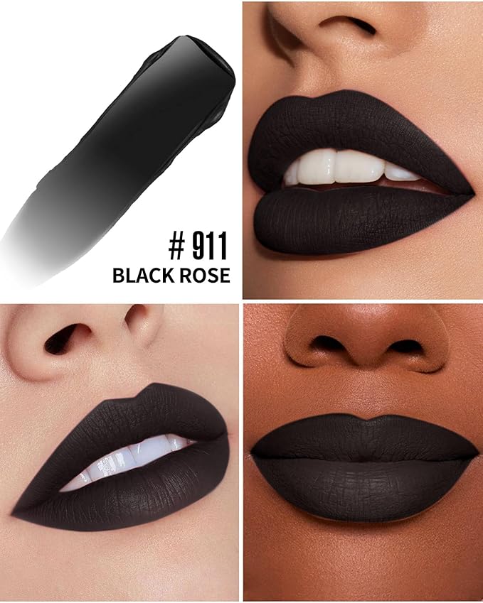 HANLADY Black Lipstick Matte Liquid Lipstick Long Lasting for Women Smudgeproof Lipsticks Color Stay Dark Black Lipsticks Vegan Cruelty-Free Lip Gloss (911 Black Rose)
