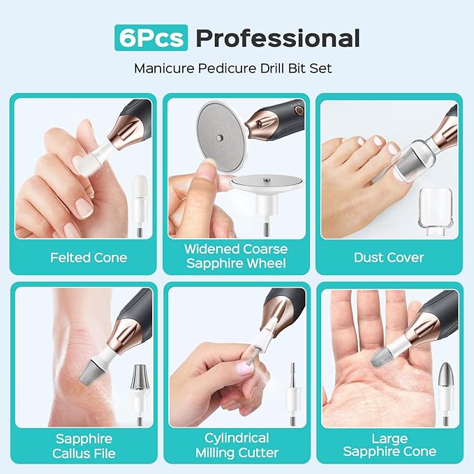 COSLUS Professional Manicure Pedicure Kit Electric Cordless Nail File Set with 5 Speed Rechargeable Nail Drill Machine for Thick Nails, Toenail Grinder Cuticle Trimmer Hand Foot Callus Remover