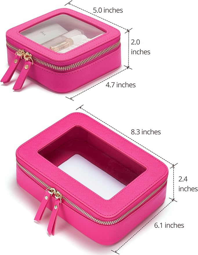 Popvibe Clear Makeup Case Toiletry Bag Travel Medium Clear Cosmetic Bag with Zipper, Make Up Bag Organizer Traveling TSA Approved Transparent Bag Car for Essentials, Mini & Medium, Hot Pink