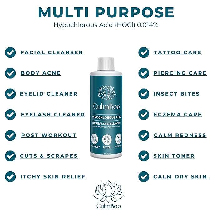 CulmBoo, Hypochlorous Acid Spray for Face & Skin - HOCl, Acne Prone Skin, Eczema, Natural Tattoo Aftercare, Piercing Aftercare Spray, Eye Lash Cleanser, Face Mist Toner, Wound Care Cleanser, 16 Fl Oz