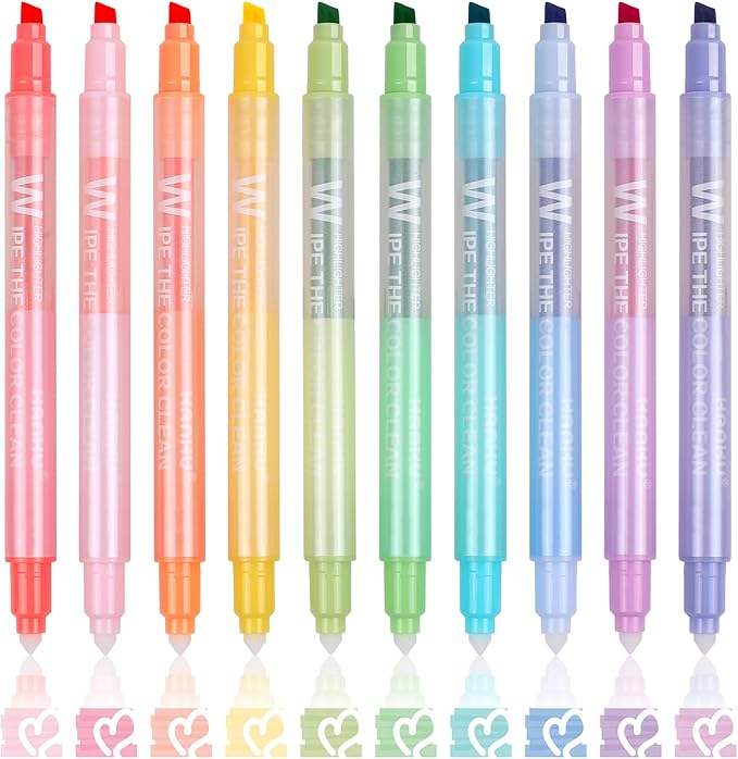 HANKU Erasable Highlighters, 10 Assorted Pastel Colors, Dual Tip Markers