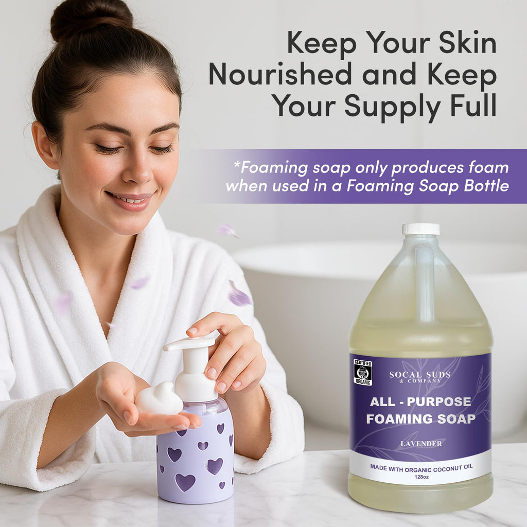 SoCal Suds & Company 128oz Certified Organic Foaming Hand & Body Wash - Gentle Natural Body,Baby & Face Wash for Sensitive Skin, Moisturizing Soap, Hand Soap and More - Lavender