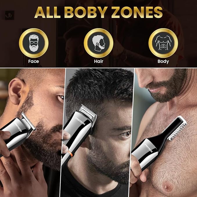 PRITECH Men's Grooming Kit, 6-in-1 Beard Trimmer & Hair Clipper, Cordless