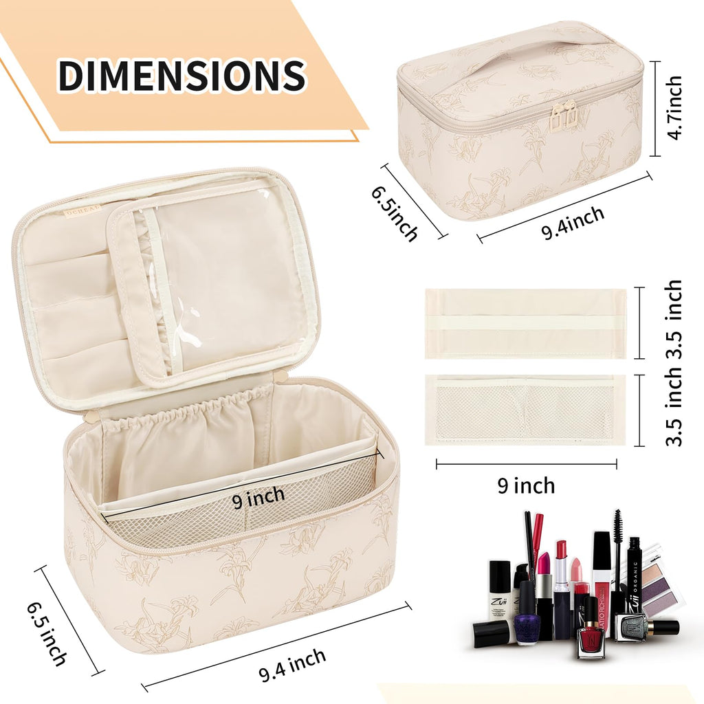OCHEAL Makeup Bag for Women - Travel Cosmetic Organizer with Brush Slot & Divider, Large Capacity Toiletry Bag for Girls, Travel Makeup Case for everyday Make up Accessories -Beige floral