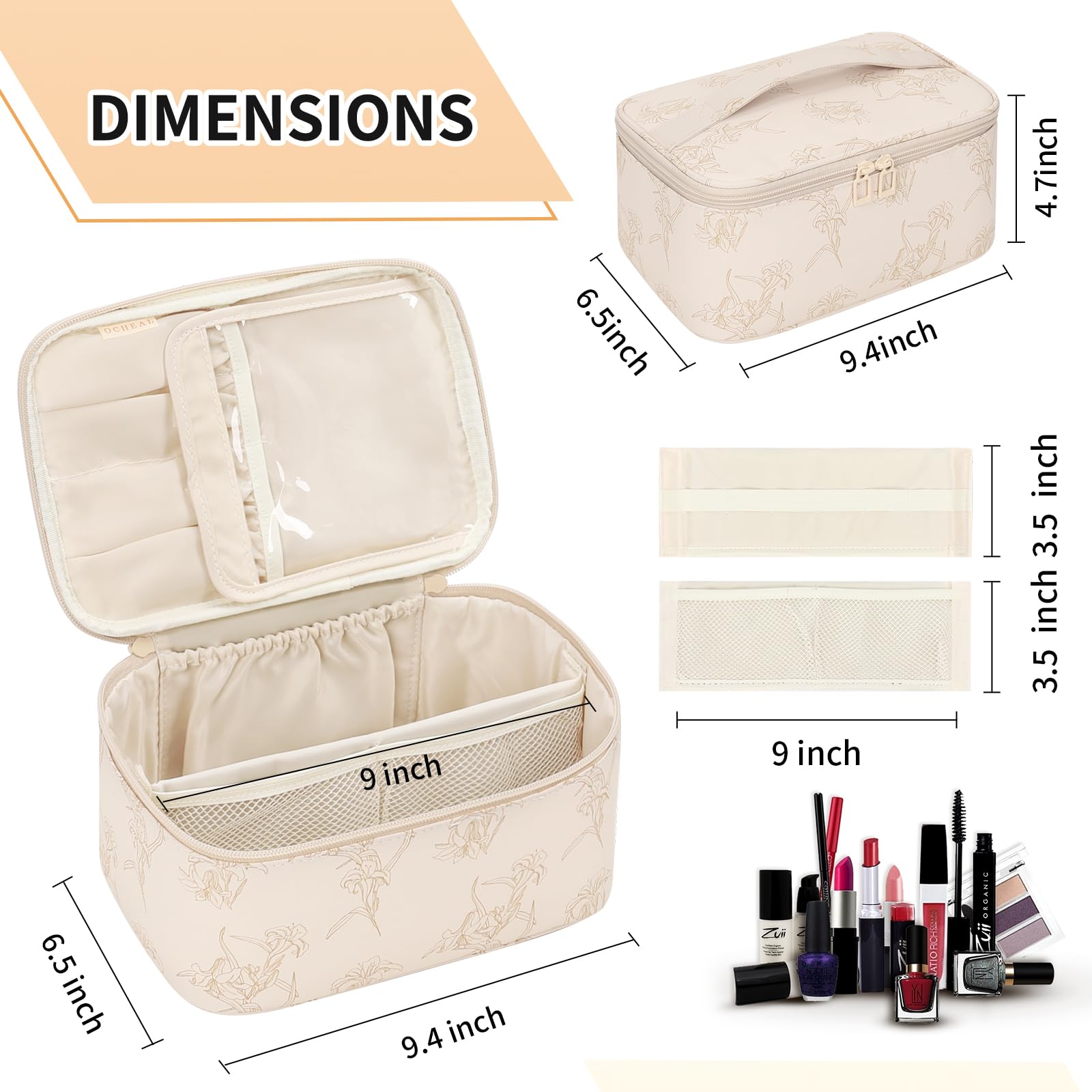 OCHEAL Makeup Bag for Women - Travel Cosmetic Organizer with Brush Slot & Divider, Large Capacity Toiletry Bag for Girls, Travel Makeup Case for everyday Make up Accessories -Beige floral