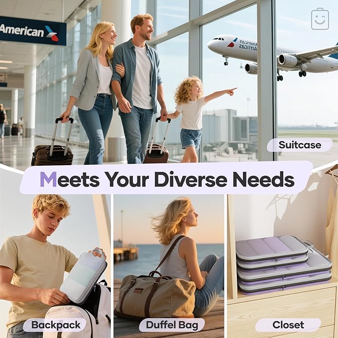 Veken 11 Set Compression Packing Cubes Garment Bags for Travel Essentials,Compressible Expandable Luggage Organizer Bags for Clothing,Space Saver Bags with Over 1000 pcs of Mesh Holes(Light Purple)