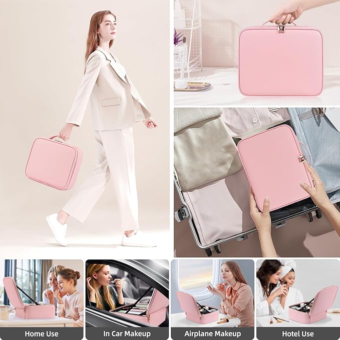 Jadazror Makeup Case with Mirror and Lights, Travel Makeup Bag with Lighted Mirror, Make up Case with LED Mirror & Adjustable Dividers, Portable Cosmetic Organizer Bag Gift for Women(Pink)