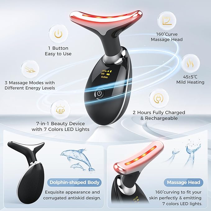 MCSYPOAL 7-in-1 Deplux Face Neck Massager for Skin Care at Home, Facial Massager Glossy Black