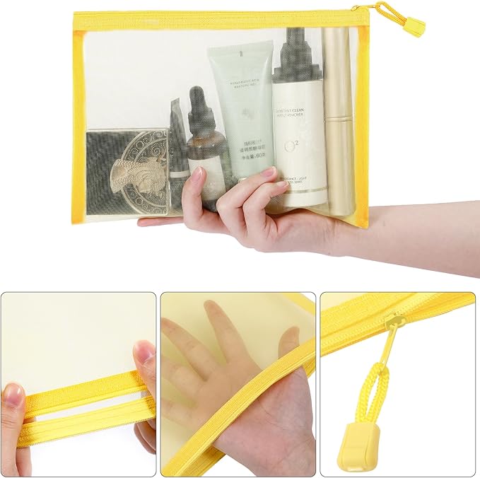 Sinzip 12 Pieces Zipper Nylon Mesh Pouch, Mesh Cosmetic Bags Makeup Bags Pencil Case, Multipurpose Travel Bags for Cosmetic School Office Supplies and Travel Accessories (Yellow, A5+B6)