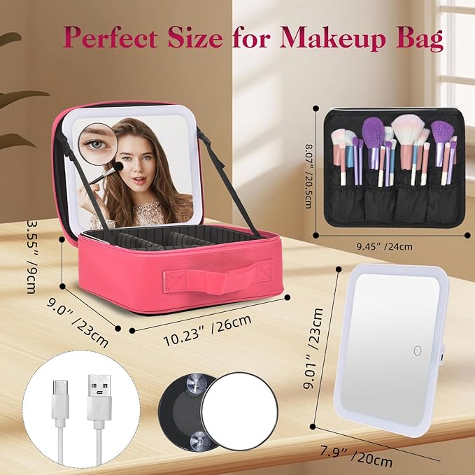 Yaliang Travel Makeup Bag with Mirror & 6 Adjustable EVA Dividers, Rose Red