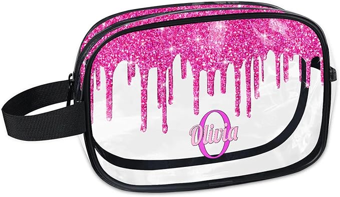 KFNHN Custom Name Transparent Makeup Bag Travel, Clear Toiletry Bag Travel Large Capacity PVC Cosmetic Container Organizer for Shampoo, Deep Pink Water Fluid Shape Glittering