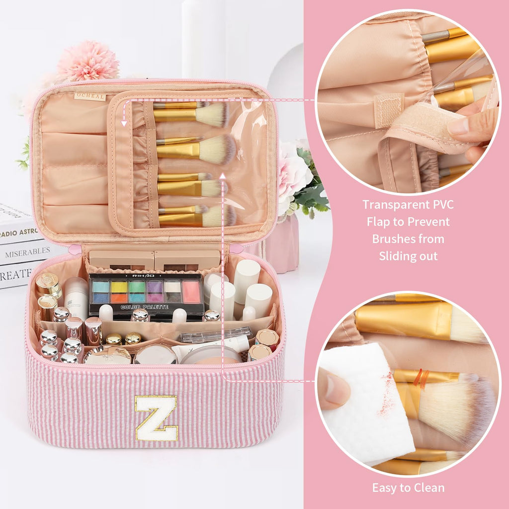 OCHEAL Makeup Bag for Women, Monogram Cosmetic Bag Pink Travel Makeup Case Beauty Toiletry Bag Organizer Personalized Gifts for Girls Bridesmaid, Sister, Wife, Friends Initial Z