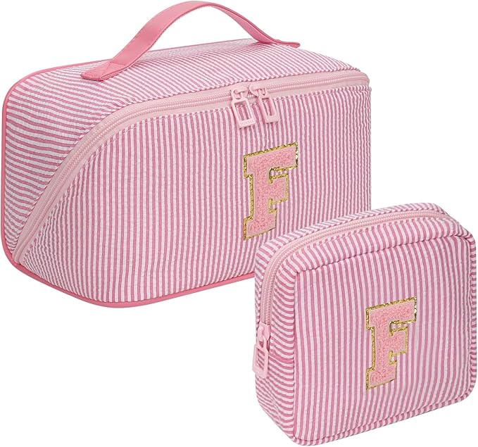 2026 Graduation Gifts - Travel Makeup Bag for Women, 2Pcs Portable Personalized Initial Makeup Organizer Bag, Open Flat Large Cosmetic Bag With Travel Essential Pouch (Pink Letter F)
