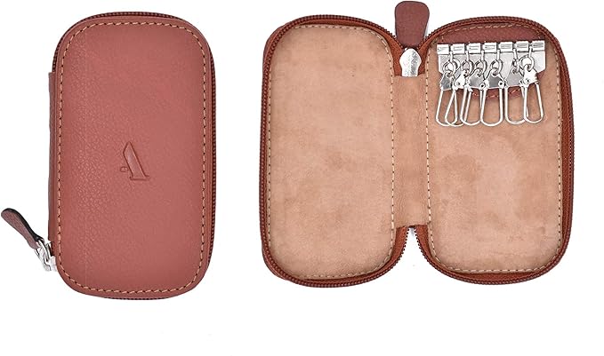 Adamis Full Grain Genuine Leather Keychain Holder Pouch, Key Case, Soft Strong and Compact Organizer and Wallet with Zip Closure for Extra Safety and 6 Key Holder Hooks in Tan