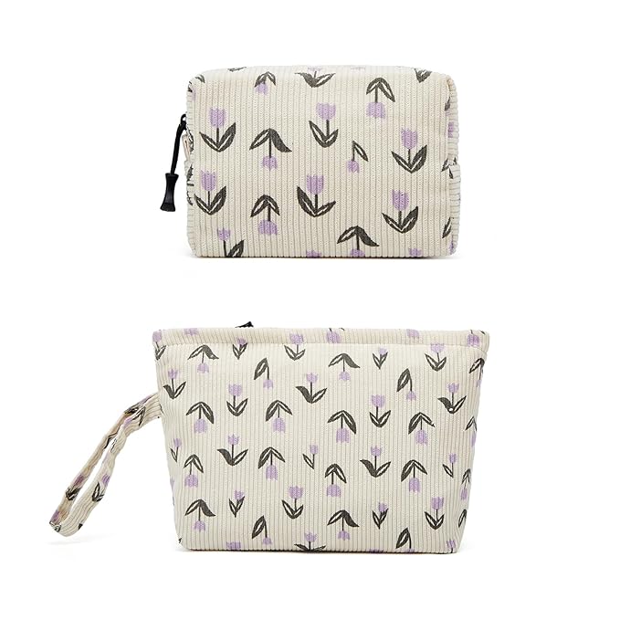 ZOEMTIU Makeup bag set small Cosmetic bag for women purse Corduroy Organizer with interior Pockets,cute Pencil zipper Pouch travel Toiletry Bag with handle(Tulip Purple)