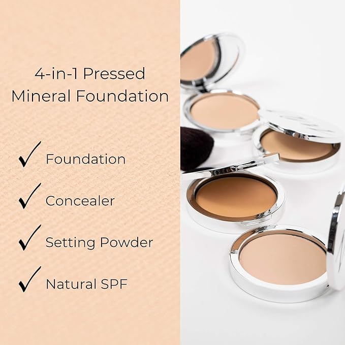 Advanced Mineral Makeup 4-in-1 Pressed Foundation Powder with Natural SPF, Concealer & Finishing for Medium to Full Coverage Foundation, Mineral-Based (Angelina,.35 oz)