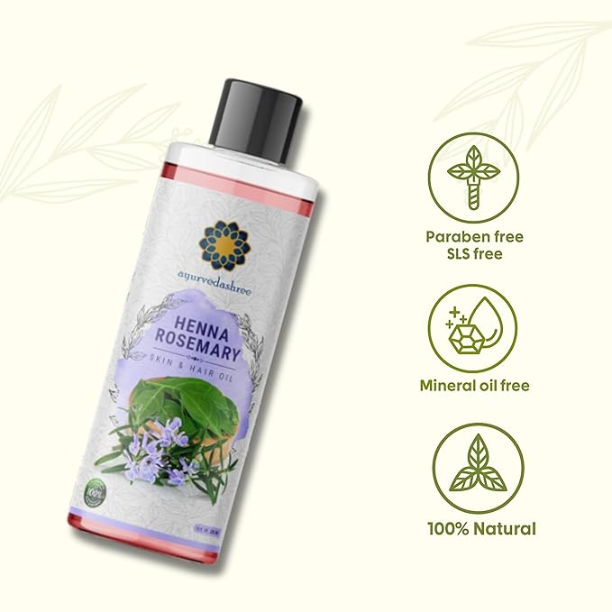 AYURVEDASHREE Henna Rosemary Hair Oil 200 ml, 6.76 fl oz with Neem, Shikakai, Bhringraj, Amla, Brahmi, Sesame, Olive & Sunflower Oils