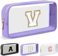 UIXIZQ Personalized Initial Letter Clear Makeup Bag,Preppy Small Nylon&PVC Cosmetic Zipper Bag with Chenille Letter,Travel Skincare Toiletry Bag,Monogram Christmas Gift for Teen Girls Women,V