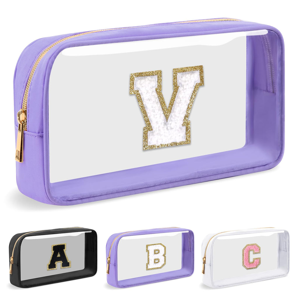 UIXIZQ Personalized Initial Letter Clear Makeup Bag,Preppy Small Nylon&PVC Cosmetic Zipper Bag with Chenille Letter,Travel Skincare Toiletry Bag,Monogram Christmas Gift for Teen Girls Women,V