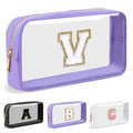 UIXIZQ Personalized Initial Letter Clear Makeup Bag,Preppy Small Nylon&PVC Cosmetic Zipper Bag with Chenille Letter,Travel Skincare Toiletry Bag,Monogram Christmas Gift for Teen Girls Women,V