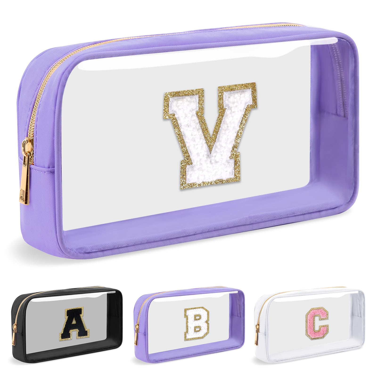 UIXIZQ Personalized Initial Letter Clear Makeup Bag,Preppy Small Nylon&PVC Cosmetic Zipper Bag with Chenille Letter,Travel Skincare Toiletry Bag,Monogram Christmas Gift for Teen Girls Women,V