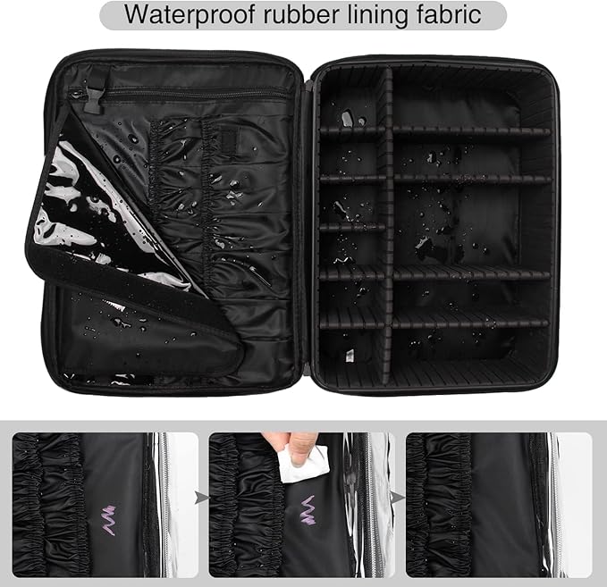 Relavel Extra Large Makeup Case, Professional Makeup Artist Bag Double Layer Compartment Cosmetic Travel Organizer Bag Makeup Brush Storage Holder with Adjustable Dividers and Shoulder Strap, Black
