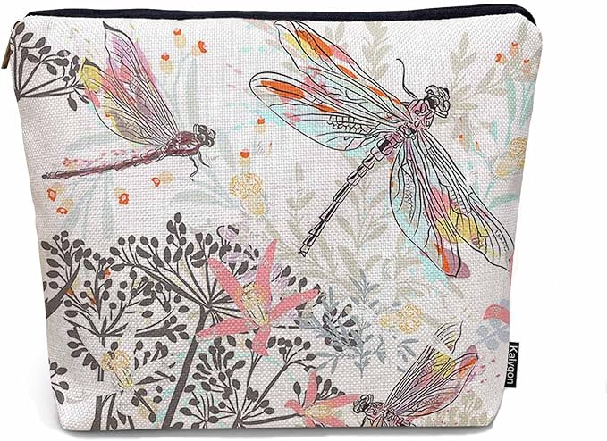 Kalygon Makeup Bag For Purse Dragonfly, Garden Dragonflies Flowers Nature Cosmetic Bags For Women With Zipper Travel Toiletry Pouch Makeup Bags Makeup Organizers Purse For Toiletries Cosmetics