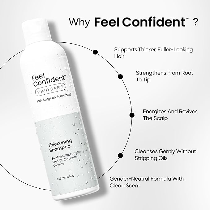 Feel Confident Haircare Thickening Shampoo – Saw Palmetto, Pumpkin Seed Oil, Caffeine & Turmeric for Thinning & Fine Hair, Men & Women, Supports Hair Growth, Density & Volume- Hair Surgeon Formulated
