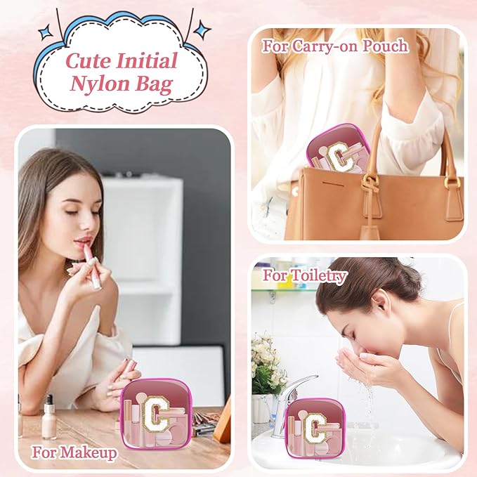 Mini Clear Personalized Initial Makeup Bag,Nylon Preppy A-Z Chenille Letter Patch Zipper Cosmetic Bag, Small Cute Beach Pouch Travel Purse Sanitary Napkin Storage Bag for Women Girls(Hot Pink-White C)