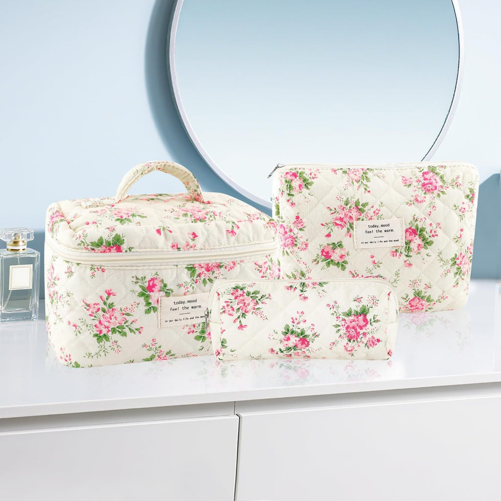 URSKYTOUS 3Pcs Cotton Quilted Makeup Bag for Women Girls Large Small Travel Pink Floral Cosmetic Bags Set Cute Coquette Makeup Pouch for Purse Aesthetic Cloth Flower Storage Toiletry Bag Organizer