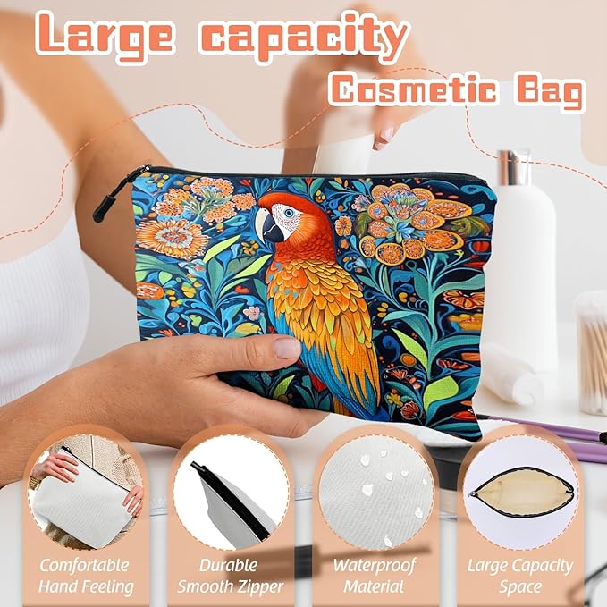 Scribesense Cosmetic Bags Travel Makeup Toilet Case Waterproof Pouch for Women Girls 6.7X9.45inches - Colorful Macaw Stands on Branch