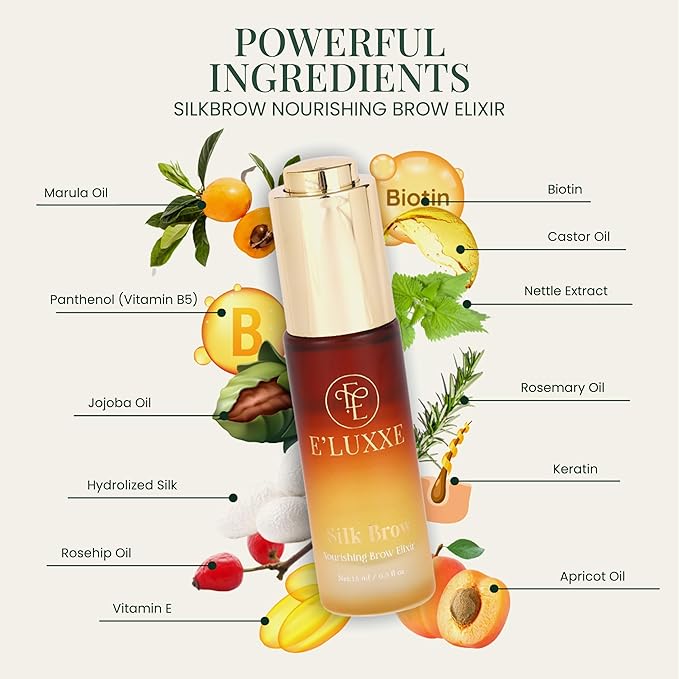 E'Luxxe SilkBrow Eyebrow Growth & Conditioning Elixir - Castor Oil for Eyebrows with Apricot Oil, Biotin & Silk Proteins - Brow Aftercare - Post-Lamination Care (15ml)