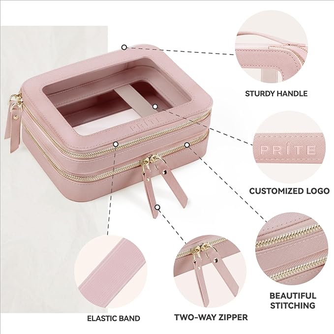 Prite Double Layer Clear Makeup Bag Travel Cosmetic Organizer for Women