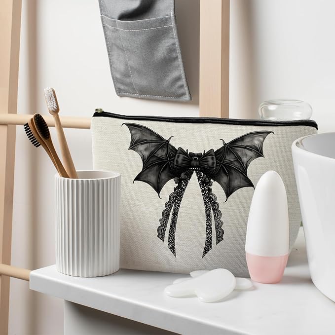 RYYCDOI Halloween Coquette Lace Bow Bat Cosmetic Bag - Gothic Black, Girly Makeup Pouch