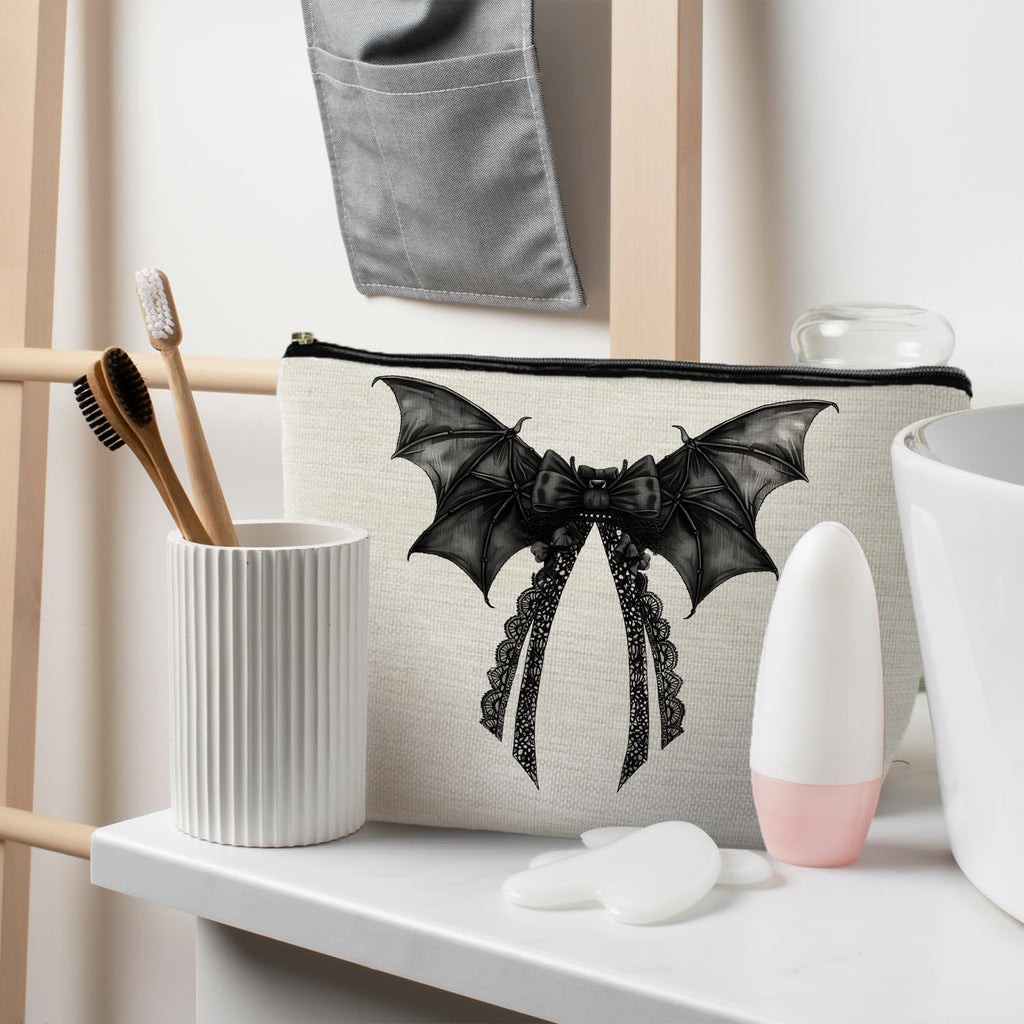 RYYCDOI Halloween Coquette Lace Bow Bat Cosmetic Bag - Gothic Black, Girly Makeup Pouch