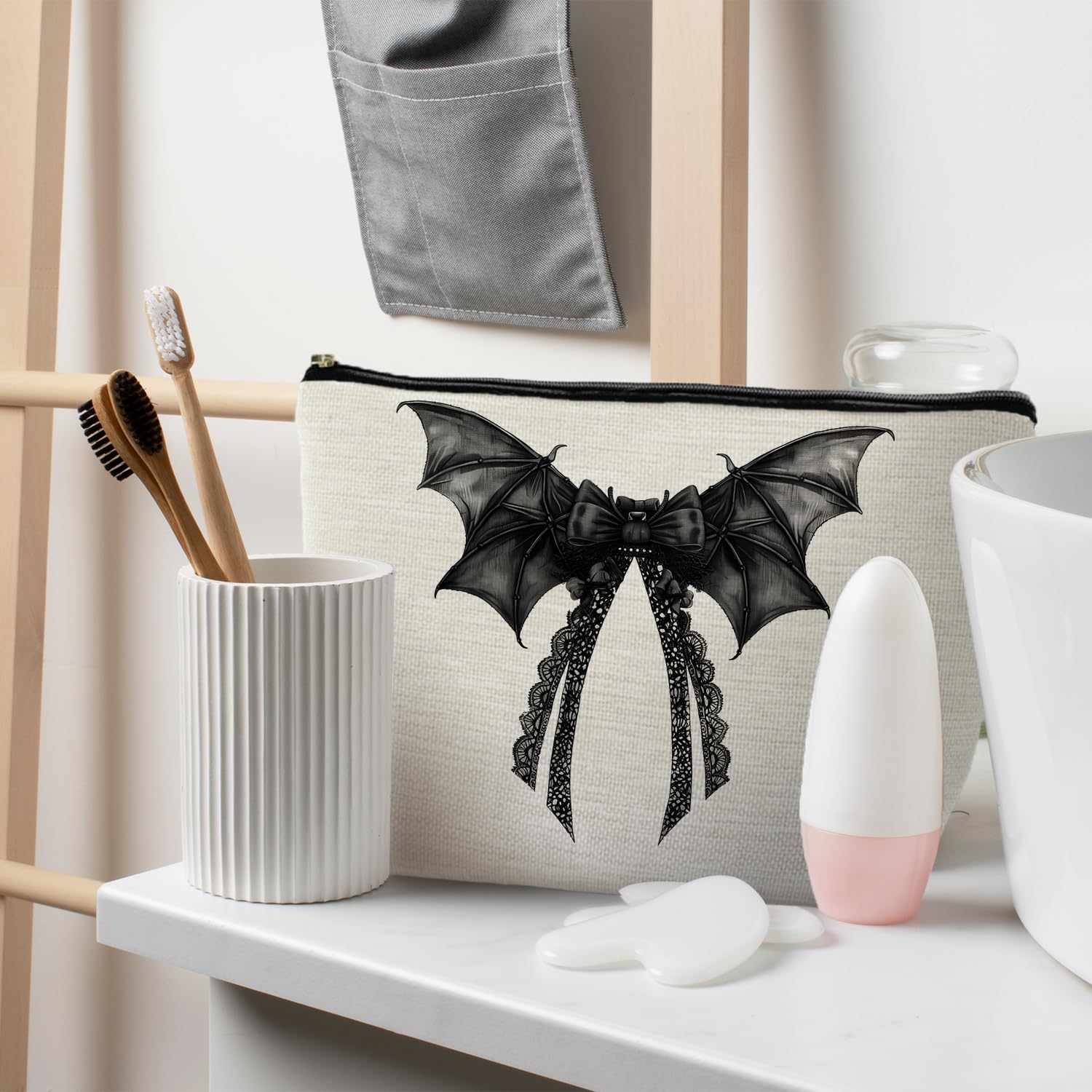 RYYCDOI Halloween Coquette Lace Bow Bat Cosmetic Bag - Gothic Black, Girly Makeup Pouch
